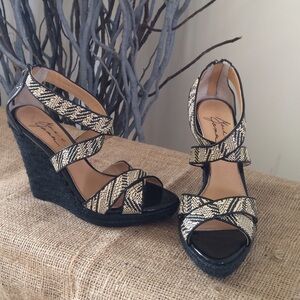 Mark & James by Badgley Mischka Reza II Black Print Strap Wedge Sandals Size 7.5